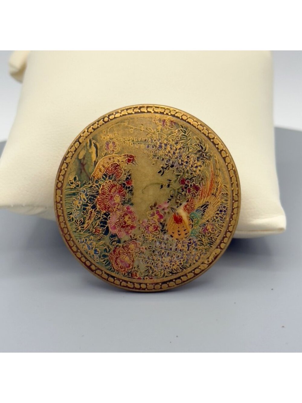 Antique Japanese Satsuma Ceramic Porcelain Hand Painted Brooch Pin Birds Flowers